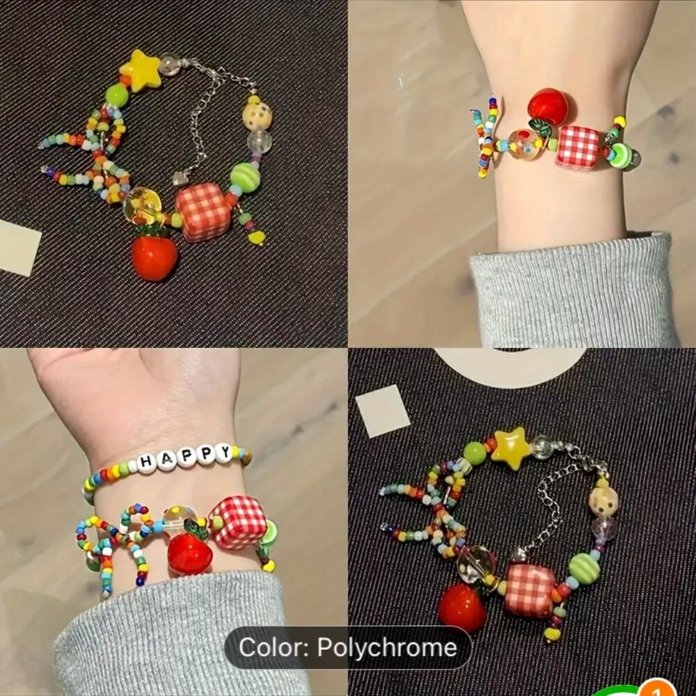 Whimsical Bracelet w Star, Hearts, Bow, Apple, Checked Cube Multicolor